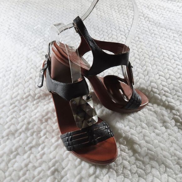 Naya Black Leather ARNELLI Heels T-Strap Sandals Abalone Shell Womens Size 7 - Picture 7 of 12